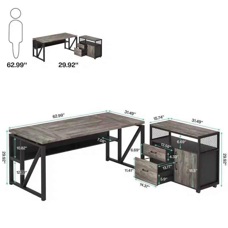 Bureau de direction en L de 63, avec étagères de rangement et caisson mobile à 2 tiroirs pour dossiers