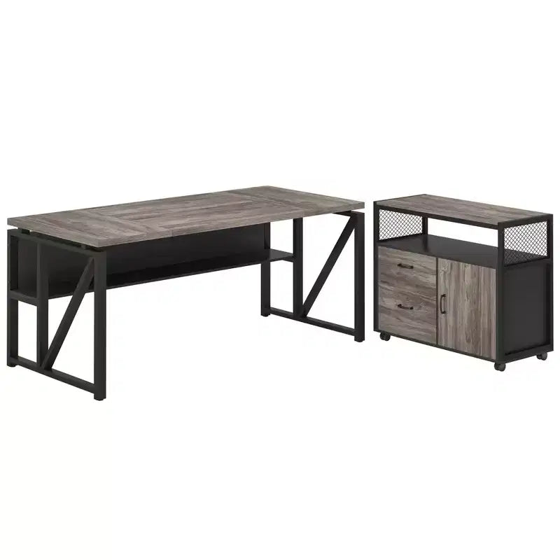 Bureau de direction en L de 63, avec étagères de rangement et caisson mobile à 2 tiroirs pour dossiers