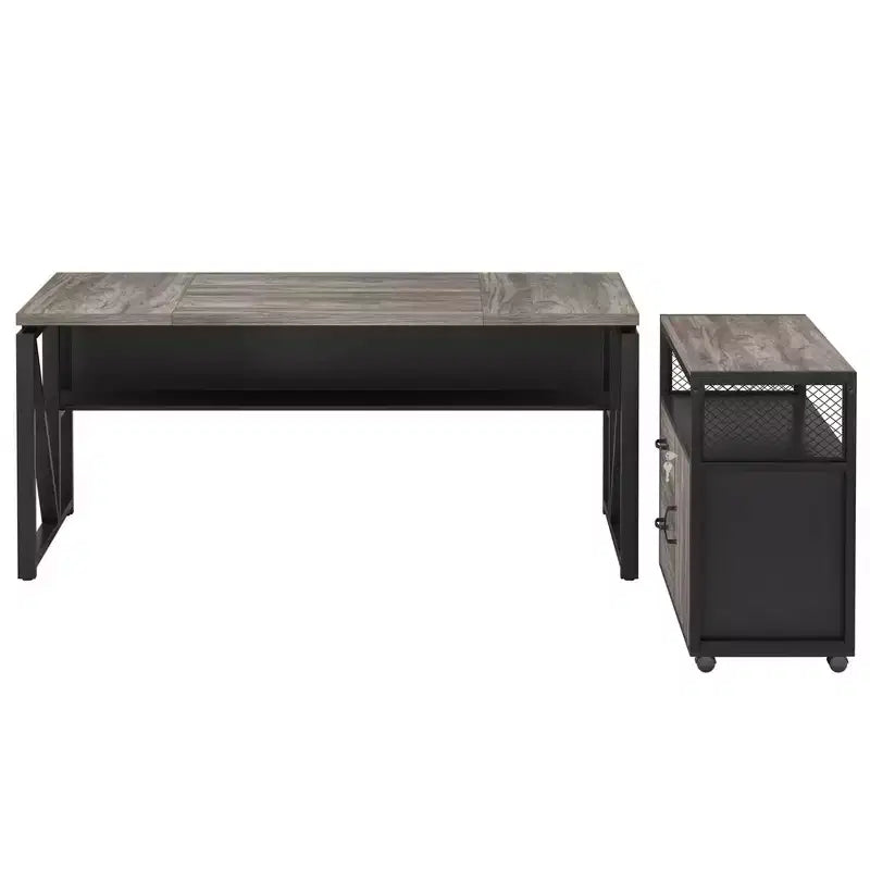 Bureau de direction en L de 63, avec étagères de rangement et caisson mobile à 2 tiroirs pour dossiers