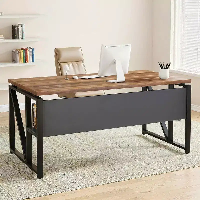 Bureau de direction en L de 63, avec étagères de rangement et caisson mobile à 2 tiroirs pour dossiers