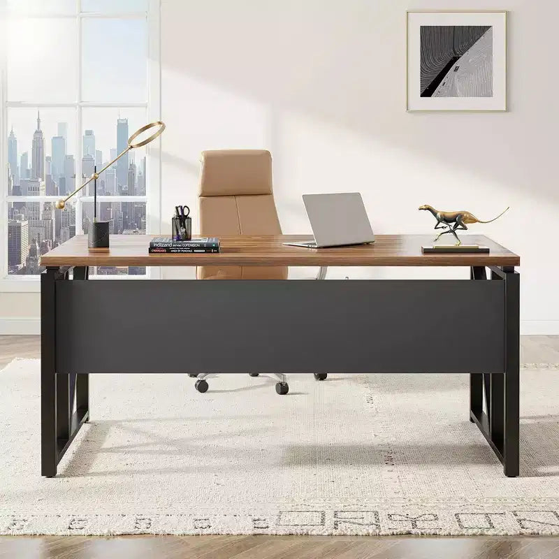 Bureau de direction en L de 63, avec étagères de rangement et caisson mobile à 2 tiroirs pour dossiers