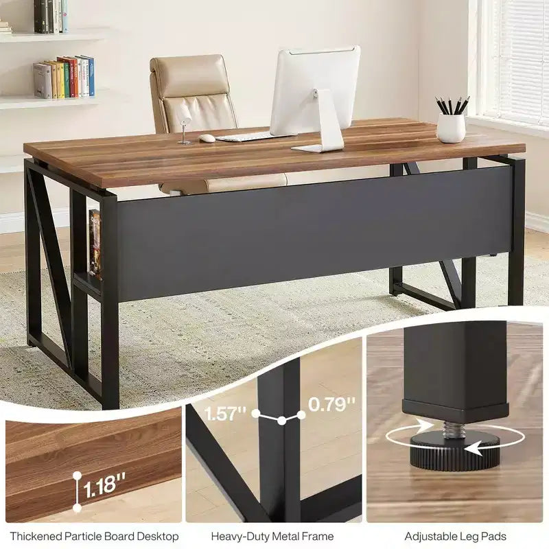 Bureau de direction en L de 63, avec étagères de rangement et caisson mobile à 2 tiroirs pour dossiers