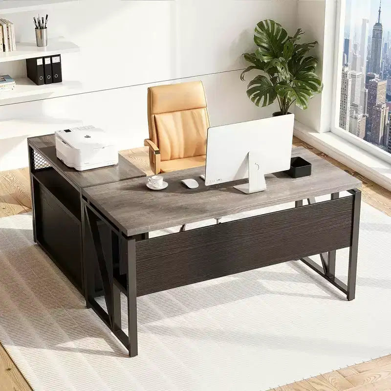 Bureau de direction en L de 63, avec étagères de rangement et caisson mobile à 2 tiroirs pour dossiers