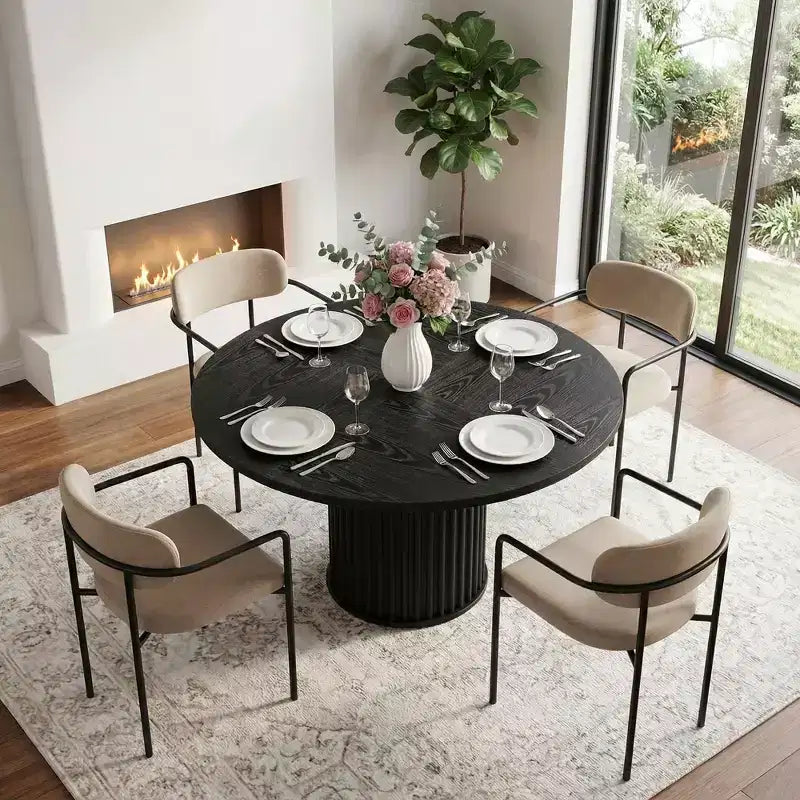 Mesa de comedor redonda de madera de 47, mesa de cocina con base metálica estriada y robusta