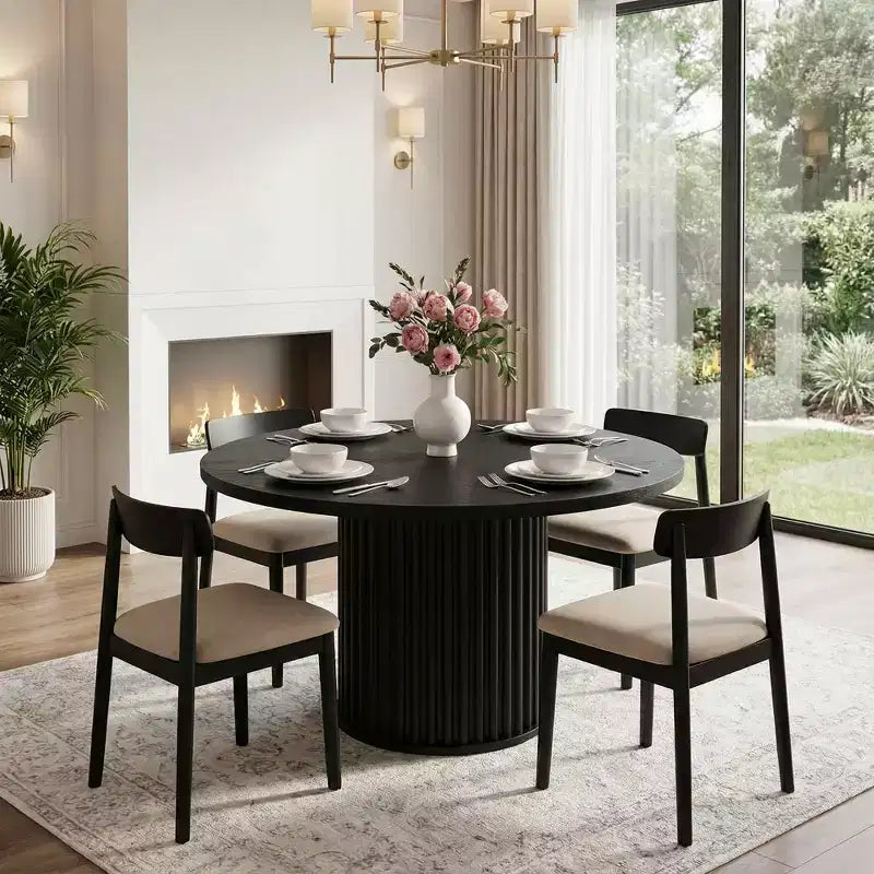 Mesa de comedor redonda de madera de 47, mesa de cocina con base metálica estriada y robusta