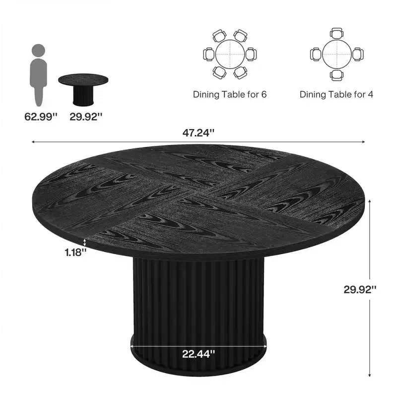 Mesa de comedor redonda de madera de 47, mesa de cocina con base metálica estriada y robusta