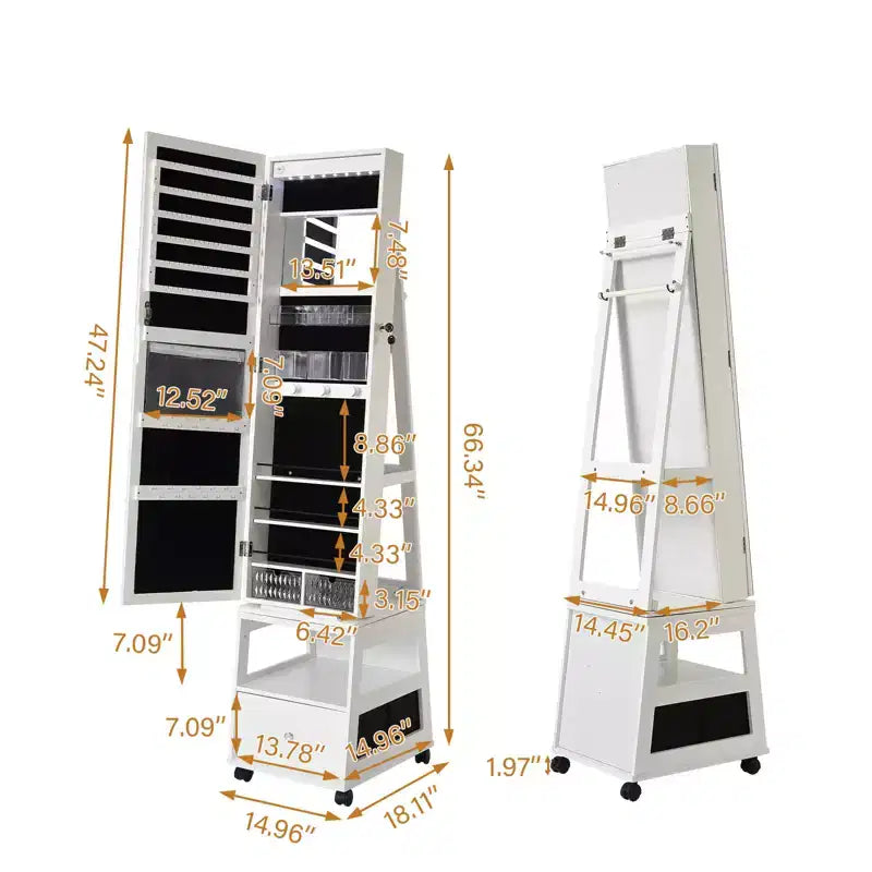 Armoire à bijoux pivotante à 360°, verrouillable, avec éclairage LED, interface à écran, miroir pleine longueur, 3 étagères et tiroir, organisateur de rangement blanc