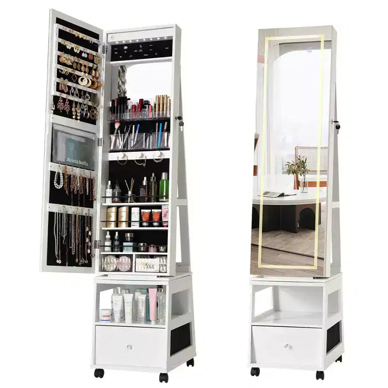 Armoire à bijoux pivotante à 360°, verrouillable, avec éclairage LED, interface à écran, miroir pleine longueur, 3 étagères et tiroir, organisateur de rangement blanc