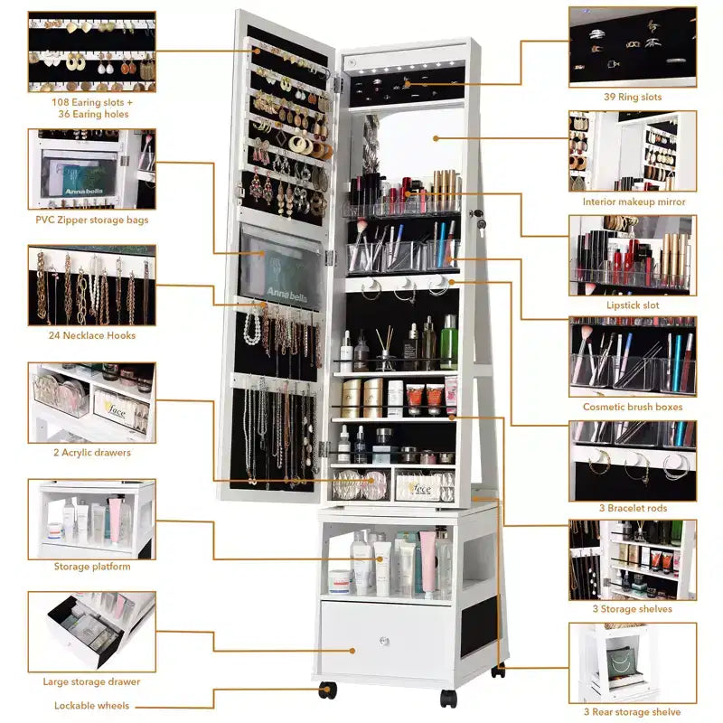 Armoire à bijoux pivotante à 360°, verrouillable, avec éclairage LED, interface à écran, miroir pleine longueur, 3 étagères et tiroir, organisateur de rangement blanc