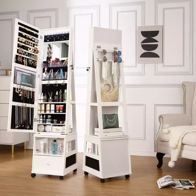 Armoire à bijoux pivotante à 360°, verrouillable, avec éclairage LED, interface à écran, miroir pleine longueur, 3 étagères et tiroir, organisateur de rangement blanc