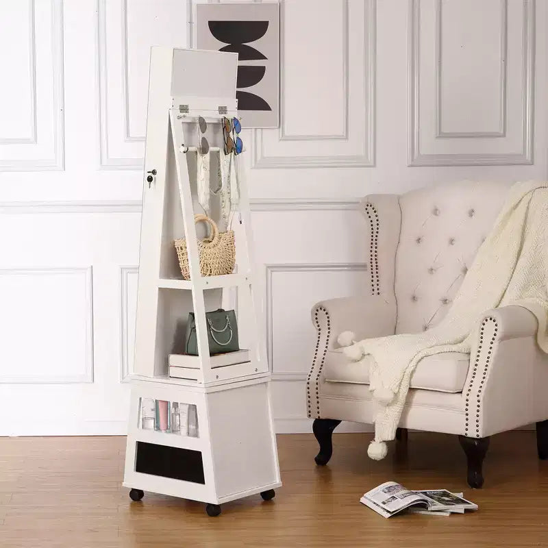 Armario joyero giratorio 360 con cerradura, luz LED, interfaz de pantalla, espejo de cuerpo entero, 3 estantes y cajón, organizador de almacenamiento blanco