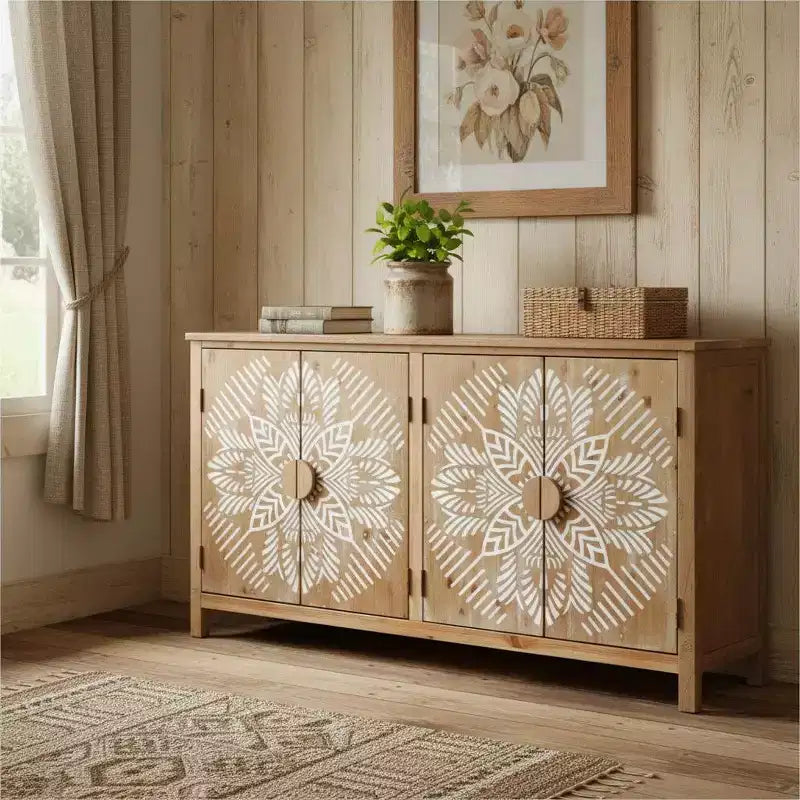 60 Akzentschrank aus geschnitztem braun-weißem Holz mit Blumenmuster und vier Türen