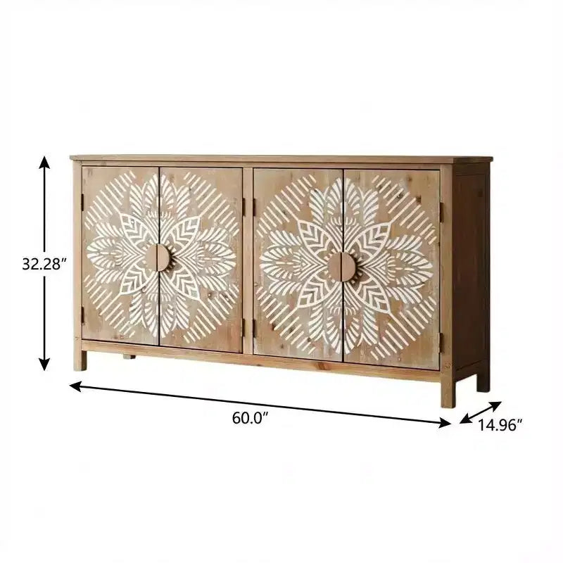 Mueble auxiliar marrón y blanco de madera tallada con motivos florales y cuatro puertas