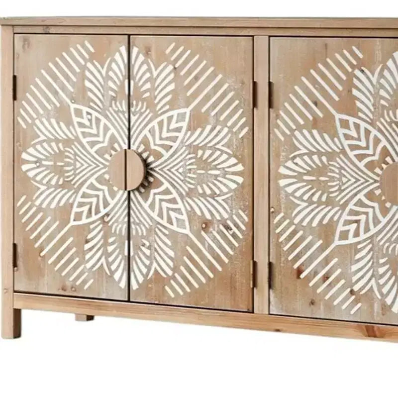 60 Akzentschrank aus geschnitztem braun-weißem Holz mit Blumenmuster und vier Türen