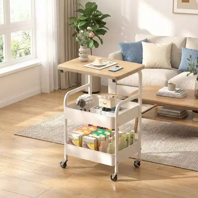 Carrito de almacenamiento rodante de 3 niveles con superficie plana, organizador metálico resistente con ruedas con bloqueo para cocina, oficina, residencia estudiantil y sala de estar, blanco