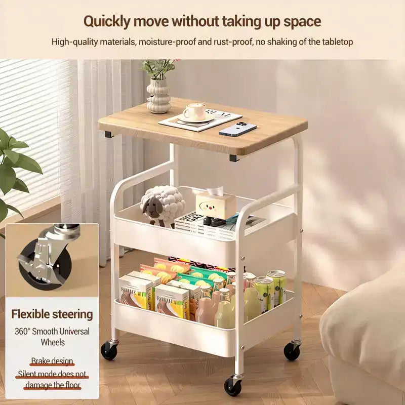 Carrito de almacenamiento rodante de 3 niveles con superficie plana, organizador metálico resistente con ruedas con bloqueo para cocina, oficina, residencia estudiantil y sala de estar, blanco