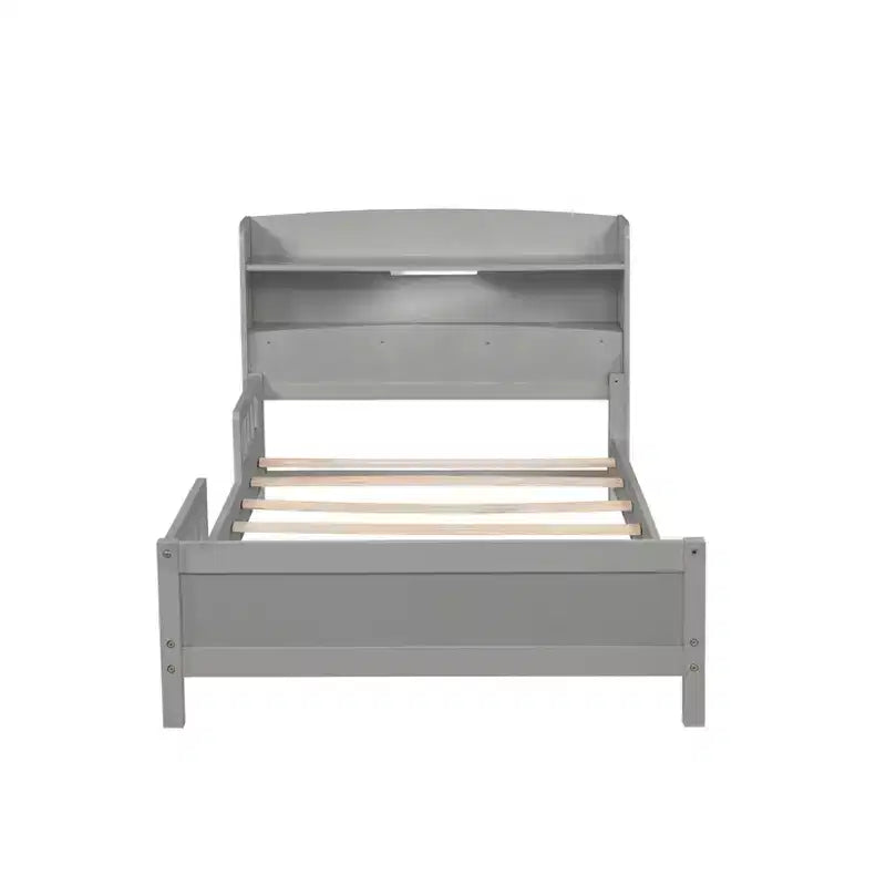 Lit plateforme deux places ou grand lit avec tête de lit bibliothèque, cadre de lit en bois pour deux places avec barrières de sécurité et éclairage LED pour chambre