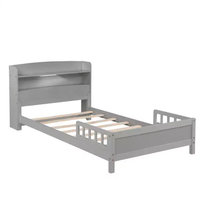 Lit plateforme deux places ou grand lit avec tête de lit bibliothèque, cadre de lit en bois pour deux places avec barrières de sécurité et éclairage LED pour chambre