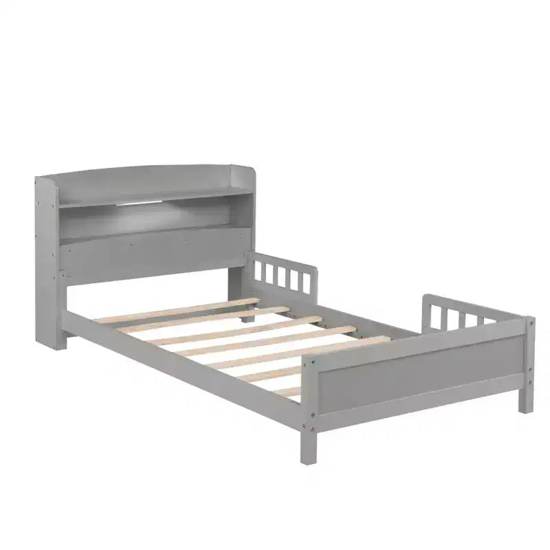Lit plateforme deux places ou grand lit avec tête de lit bibliothèque, cadre de lit en bois pour deux places avec barrières de sécurité et éclairage LED pour chambre