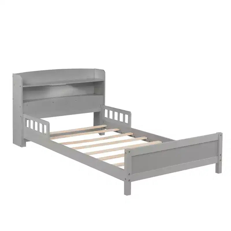 Lit plateforme deux places ou grand lit avec tête de lit bibliothèque, cadre de lit en bois pour deux places avec barrières de sécurité et éclairage LED pour chambre