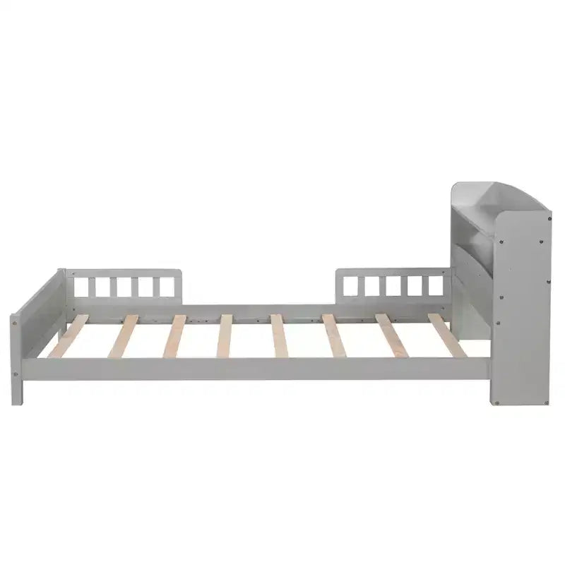 Lit plateforme deux places ou grand lit avec tête de lit bibliothèque, cadre de lit en bois pour deux places avec barrières de sécurité et éclairage LED pour chambre