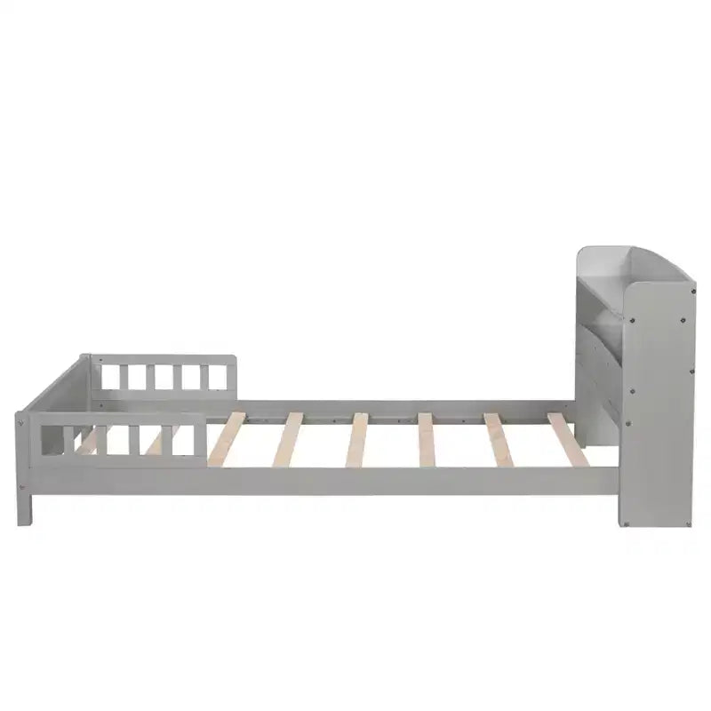 Lit plateforme deux places ou grand lit avec tête de lit bibliothèque, cadre de lit en bois pour deux places avec barrières de sécurité et éclairage LED pour chambre