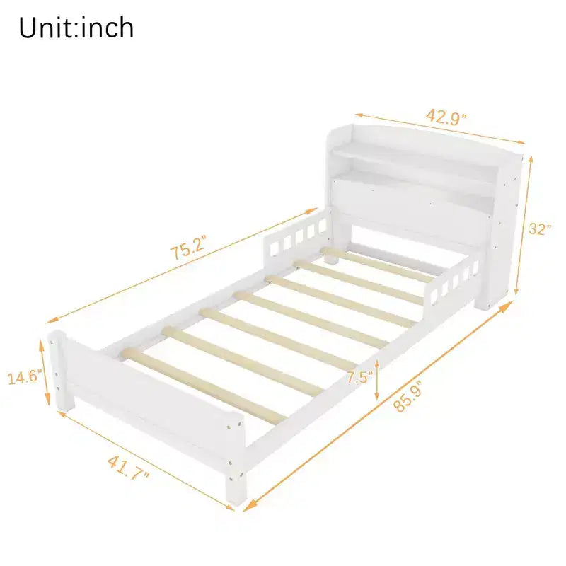 Lit plateforme deux places ou grand lit avec tête de lit bibliothèque, cadre de lit en bois pour deux places avec barrières de sécurité et éclairage LED pour chambre