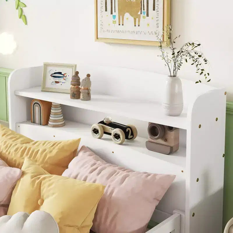Lit plateforme deux places ou grand lit avec tête de lit bibliothèque, cadre de lit en bois pour deux places avec barrières de sécurité et éclairage LED pour chambre