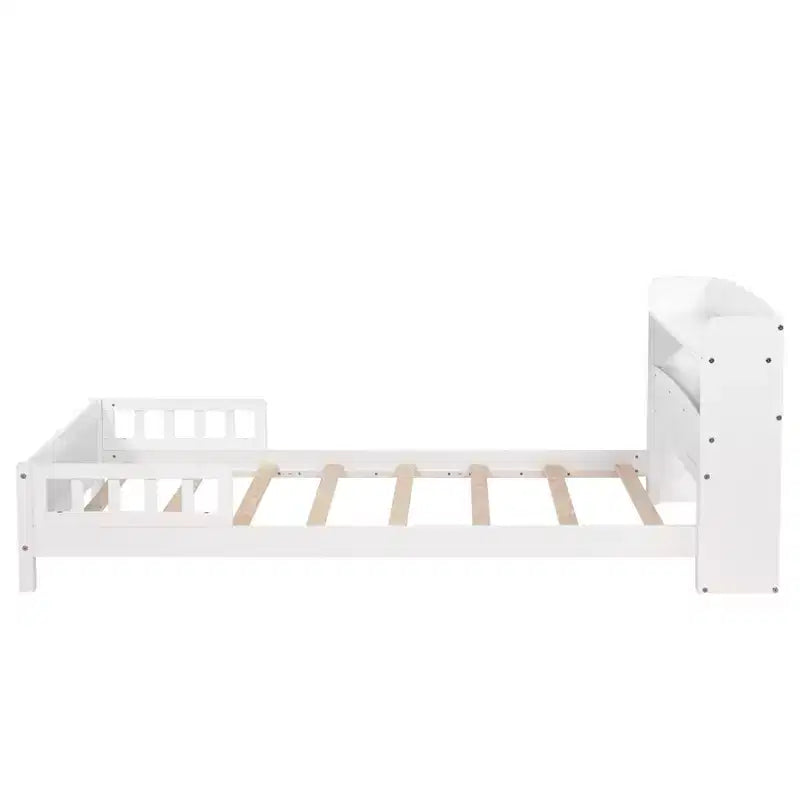 Lit plateforme deux places ou grand lit avec tête de lit bibliothèque, cadre de lit en bois pour deux places avec barrières de sécurité et éclairage LED pour chambre