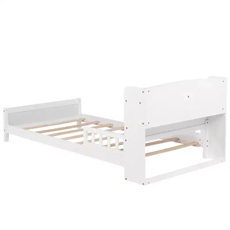 Lit plateforme deux places ou grand lit avec tête de lit bibliothèque, cadre de lit en bois pour deux places avec barrières de sécurité et éclairage LED pour chambre
