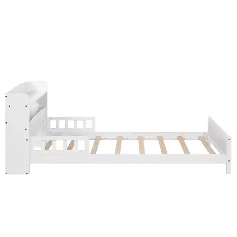 Lit plateforme deux places ou grand lit avec tête de lit bibliothèque, cadre de lit en bois pour deux places avec barrières de sécurité et éclairage LED pour chambre