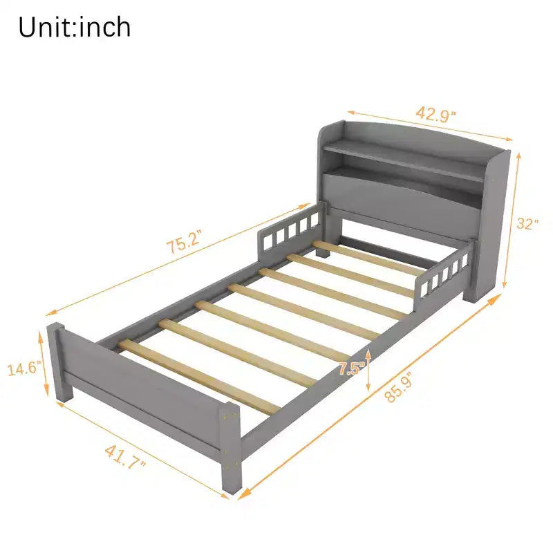 Lit plateforme deux places ou grand lit avec tête de lit bibliothèque, cadre de lit en bois pour deux places avec barrières de sécurité et éclairage LED pour chambre