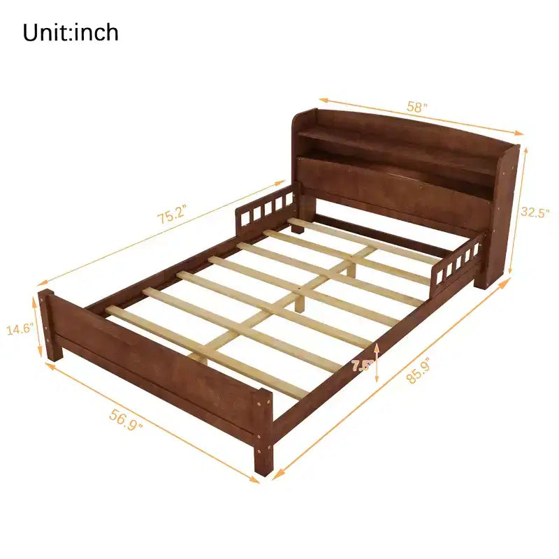 Lit plateforme deux places ou grand lit avec tête de lit bibliothèque, cadre de lit en bois pour deux places avec barrières de sécurité et éclairage LED pour chambre