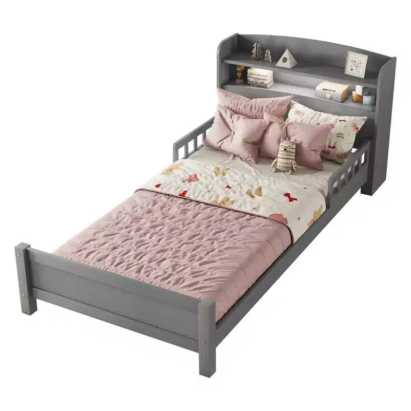 Lit plateforme deux places ou grand lit avec tête de lit bibliothèque, cadre de lit en bois pour deux places avec barrières de sécurité et éclairage LED pour chambre