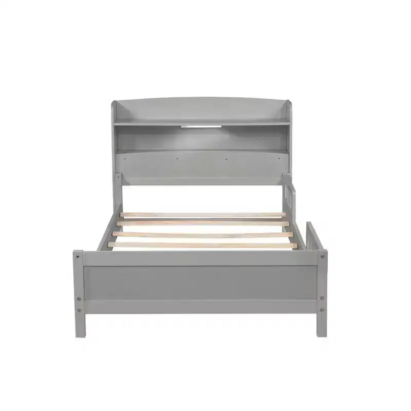 Lit plateforme deux places ou grand lit avec tête de lit bibliothèque, cadre de lit en bois pour deux places avec barrières de sécurité et éclairage LED pour chambre