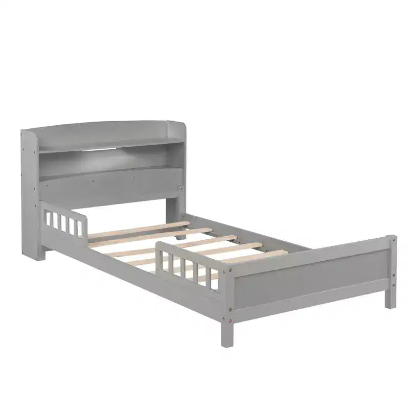 Lit plateforme deux places ou grand lit avec tête de lit bibliothèque, cadre de lit en bois pour deux places avec barrières de sécurité et éclairage LED pour chambre