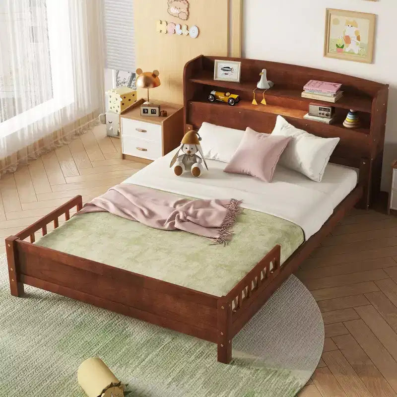 Lit plateforme deux places ou grand lit avec tête de lit bibliothèque, cadre de lit en bois pour deux places avec barrières de sécurité et éclairage LED pour chambre