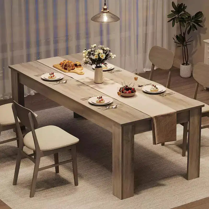 71 Long Dining Table for 6-8, Large Farmhouse Rectangular Kitchen Dining Room Table, Wooden, Thick Frame &amp; Sturdy Triangular Legs, Wood Strip Base