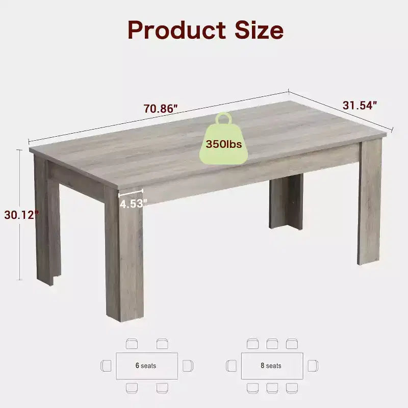 Longue table à manger de 71 pouces pour 6 à 8 personnes, grande table rectangulaire de style champêtre pour cuisine ou salle à manger, en bois, cadre épais et pieds triangulaires robustes, base à lattes de bois