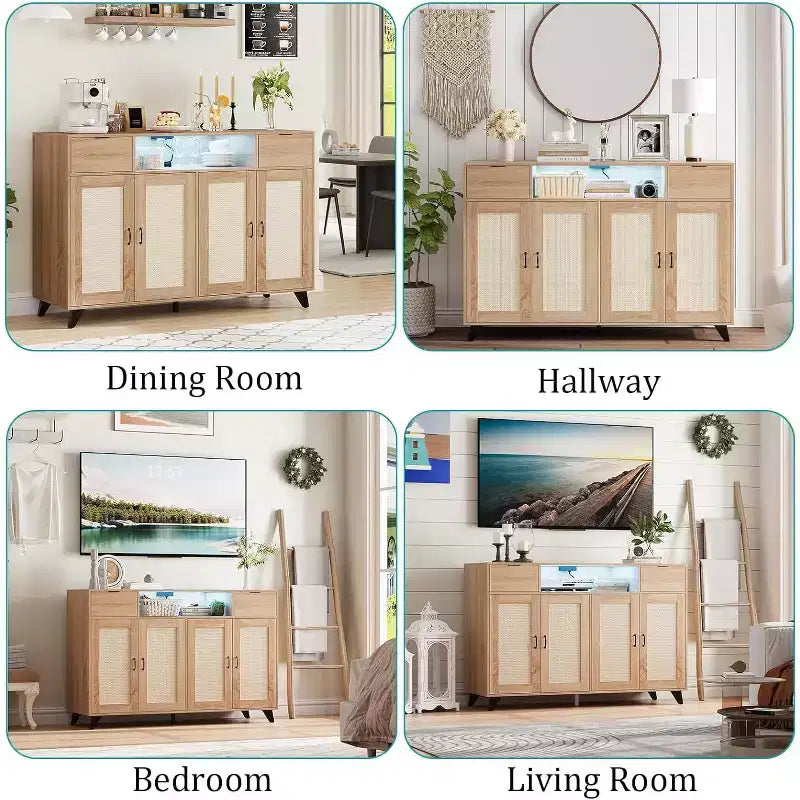Buffet avec 2 tiroirs et portes, éclairage intégré et prise électrique, meuble de rangement d’appoint, table de bar à café pour cuisine et salle à manger