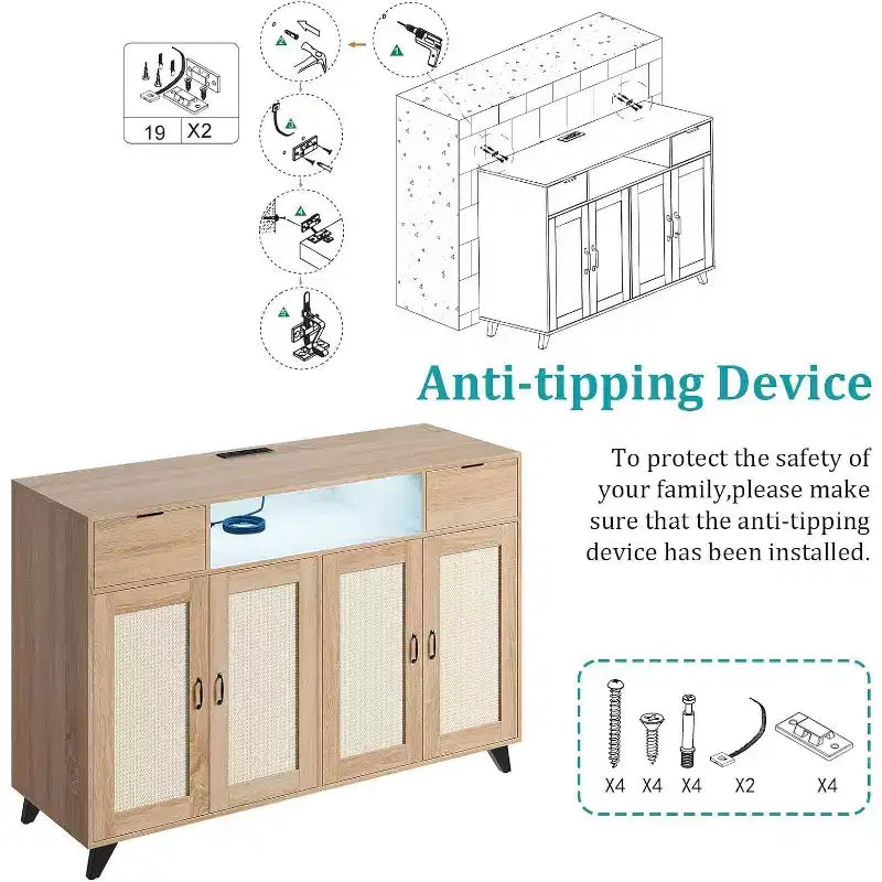 Buffet avec 2 tiroirs et portes, éclairage intégré et prise électrique, meuble de rangement d’appoint, table de bar à café pour cuisine et salle à manger