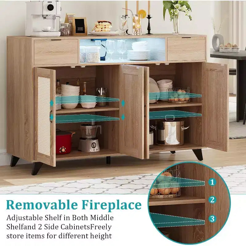 Buffet avec 2 tiroirs et portes, éclairage intégré et prise électrique, meuble de rangement d’appoint, table de bar à café pour cuisine et salle à manger