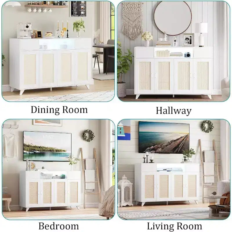 Buffet avec 2 tiroirs et portes, éclairage intégré et prise électrique, meuble de rangement d’appoint, table de bar à café pour cuisine et salle à manger