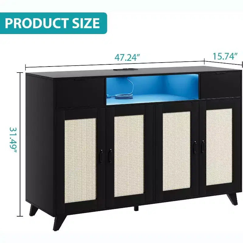 Buffet avec 2 tiroirs et portes, éclairage intégré et prise électrique, meuble de rangement d’appoint, table de bar à café pour cuisine et salle à manger