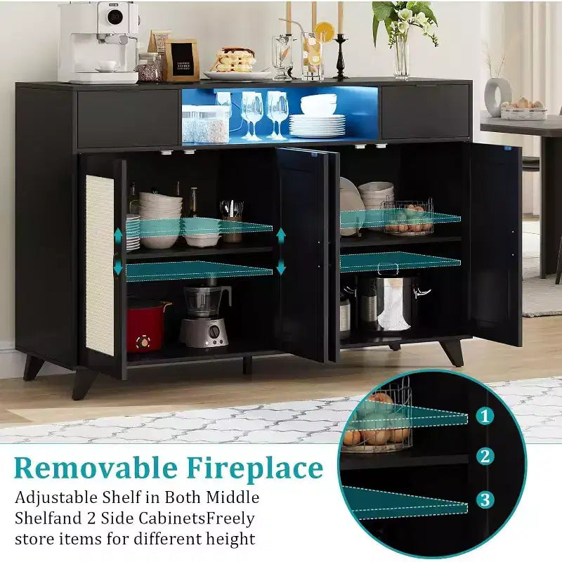 Buffet avec 2 tiroirs et portes, éclairage intégré et prise électrique, meuble de rangement d’appoint, table de bar à café pour cuisine et salle à manger