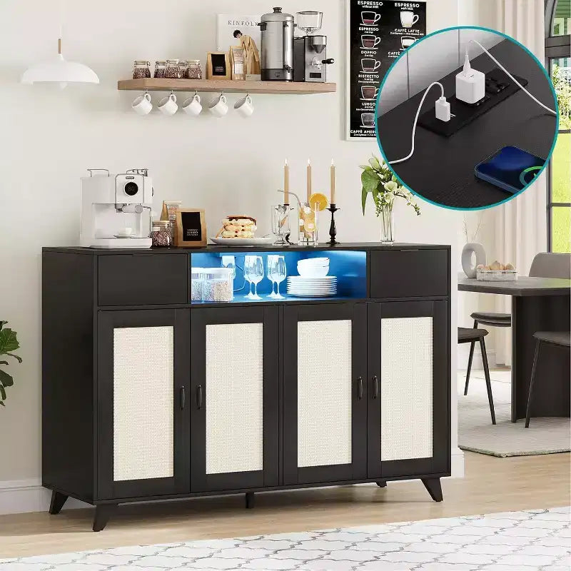 Buffet avec 2 tiroirs et portes, éclairage intégré et prise électrique, meuble de rangement d’appoint, table de bar à café pour cuisine et salle à manger