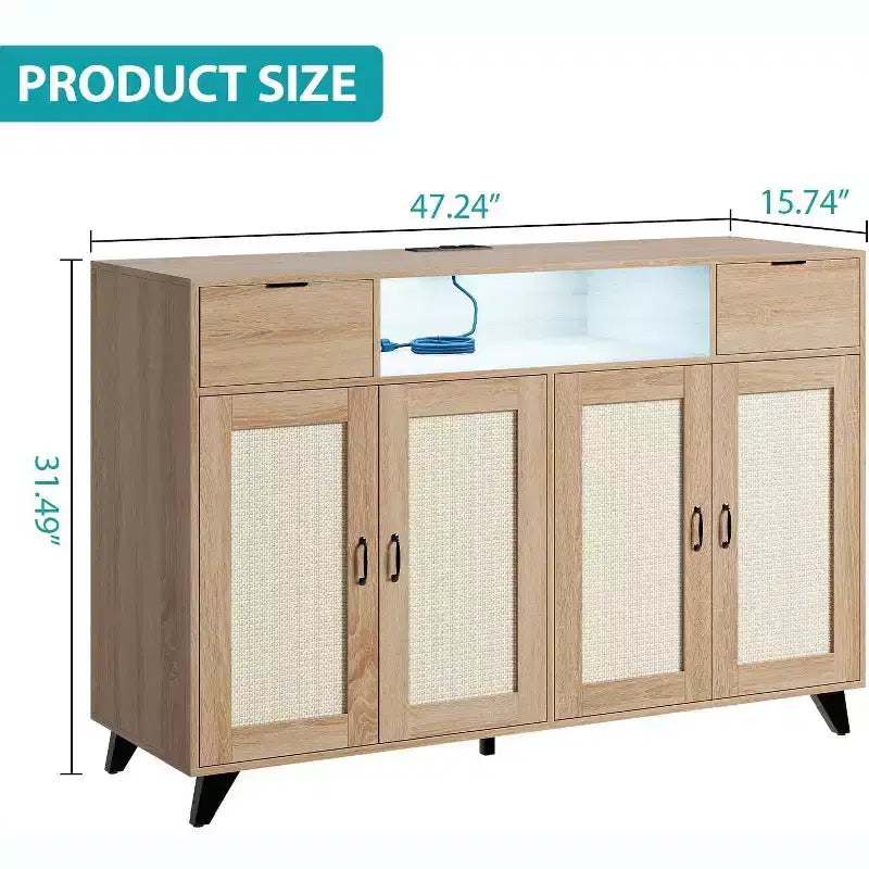 Buffet avec 2 tiroirs et portes, éclairage intégré et prise électrique, meuble de rangement d’appoint, table de bar à café pour cuisine et salle à manger