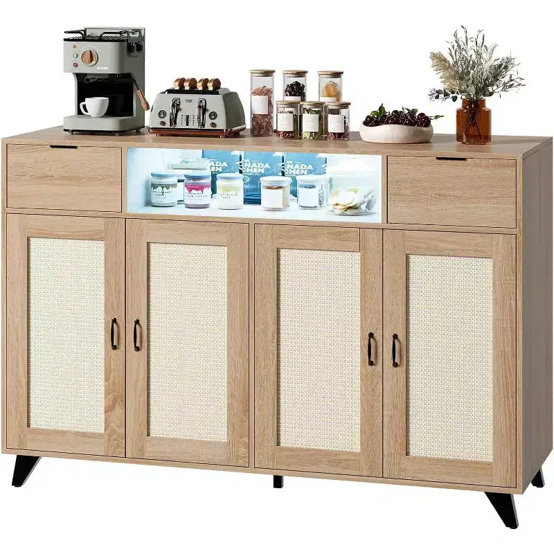 Buffet avec 2 tiroirs et portes, éclairage intégré et prise électrique, meuble de rangement d’appoint, table de bar à café pour cuisine et salle à manger