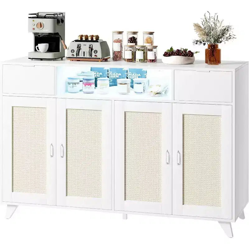 Buffet avec 2 tiroirs et portes, éclairage intégré et prise électrique, meuble de rangement d’appoint, table de bar à café pour cuisine et salle à manger