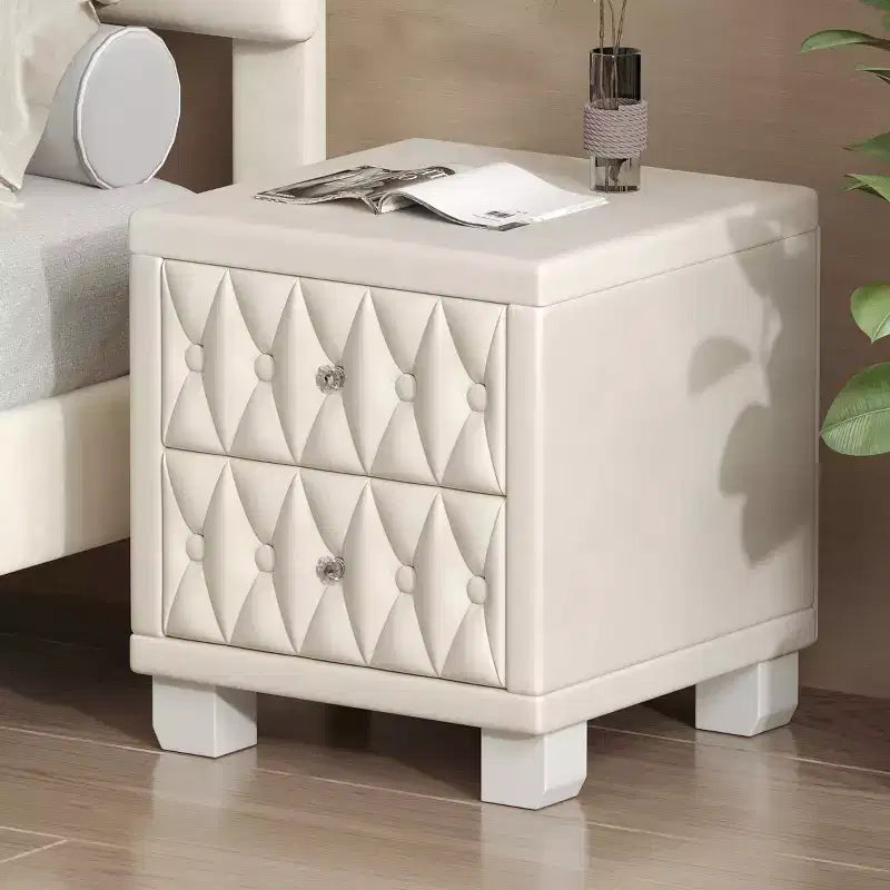 Elegante mesita de noche de terciopelo con 2 cajones, mesa de noche con botones capitoné y tiradores de cristal para dormitorio o sala de estar